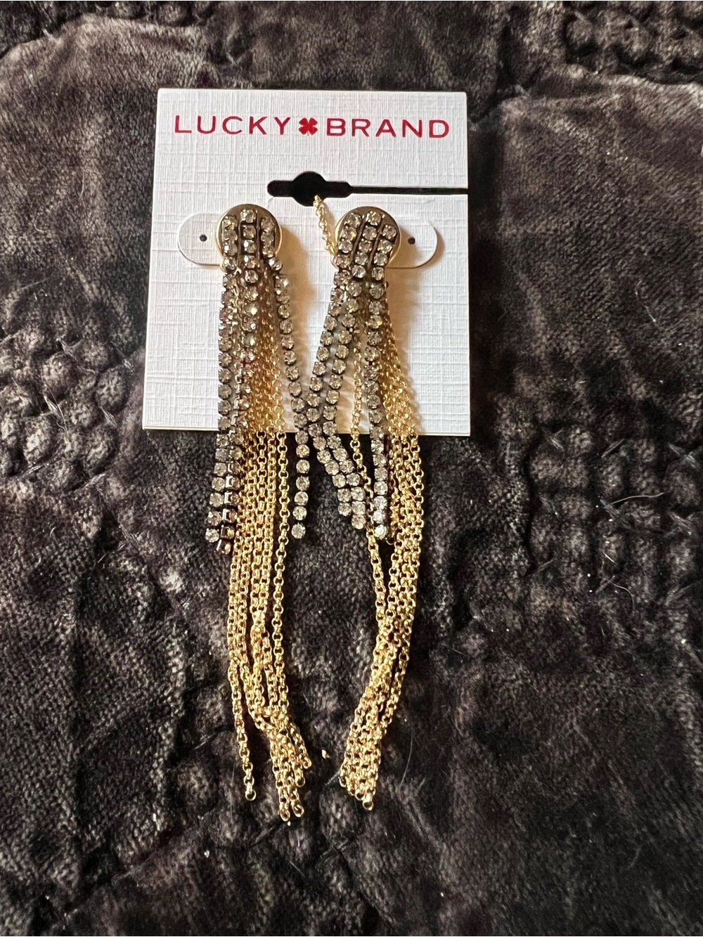 Lucky Brand Gold and Clear Crystal Tassel Drop Earrings